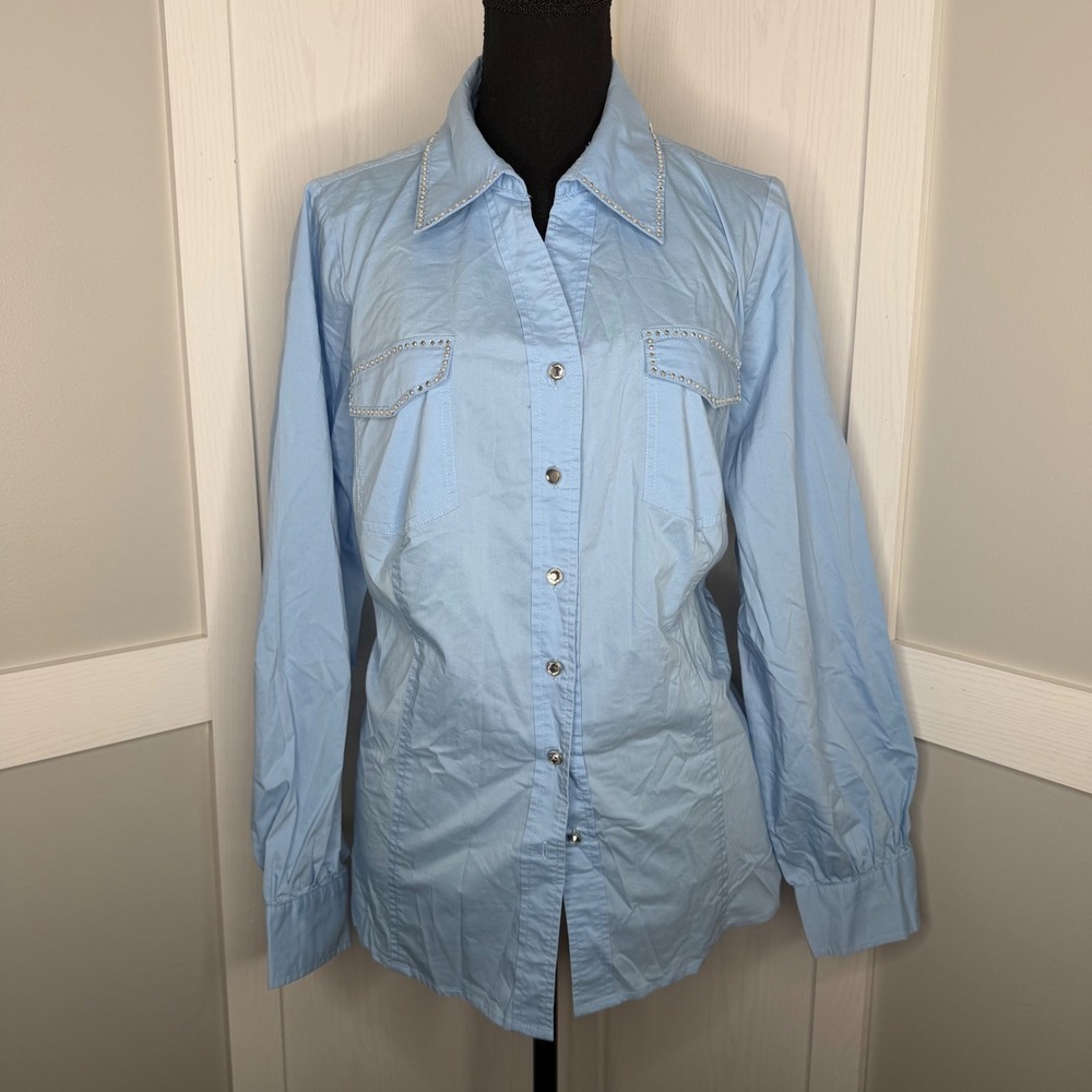 Grand Ole Opry Button Down Shirt Womens 1X Light Blue Rhinestone Western Stretch